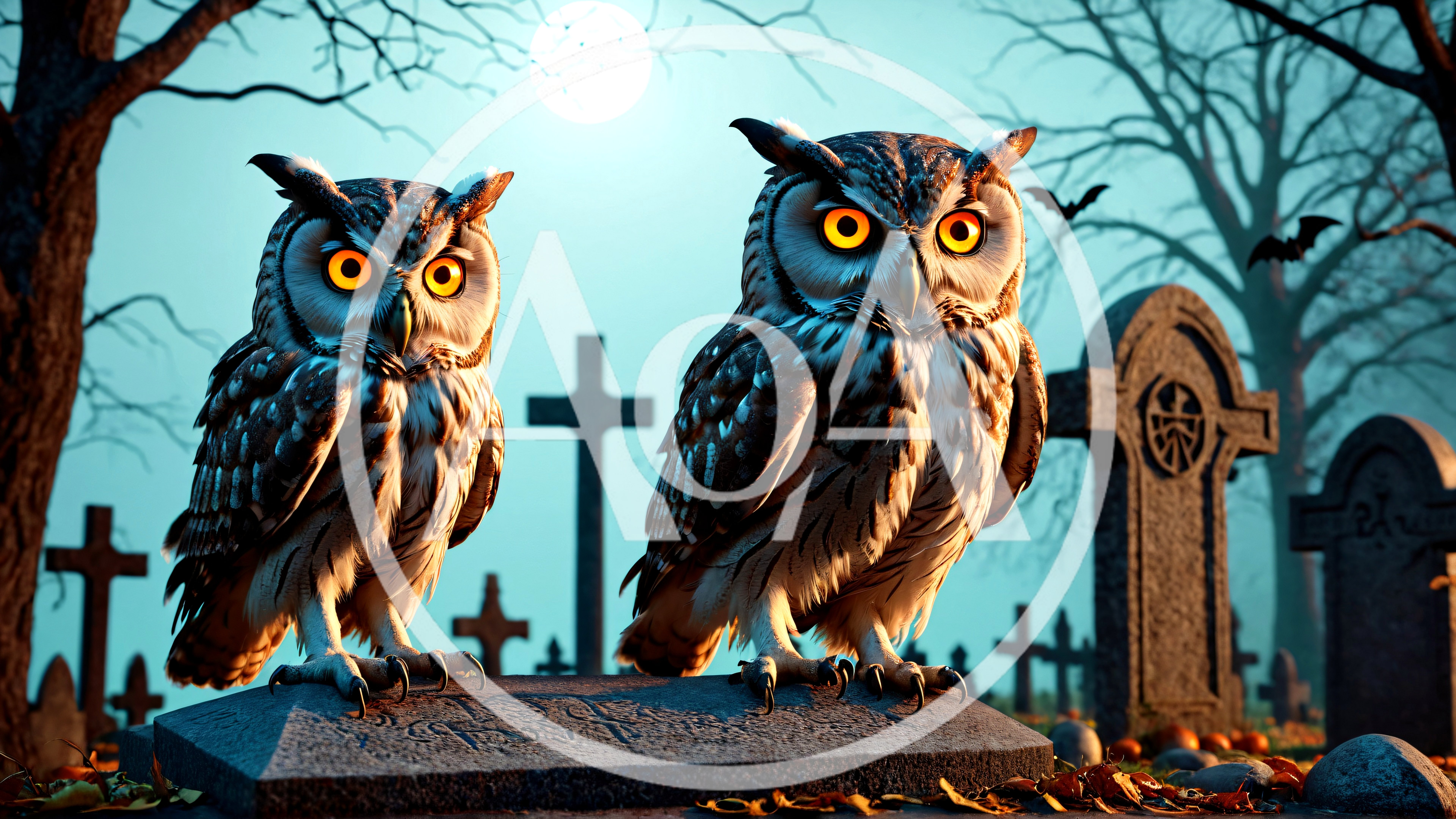 Two Great Horned Owls Perched On A Gravestone