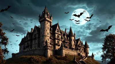 Gothic Castle Under Full Moon With Flying Bats