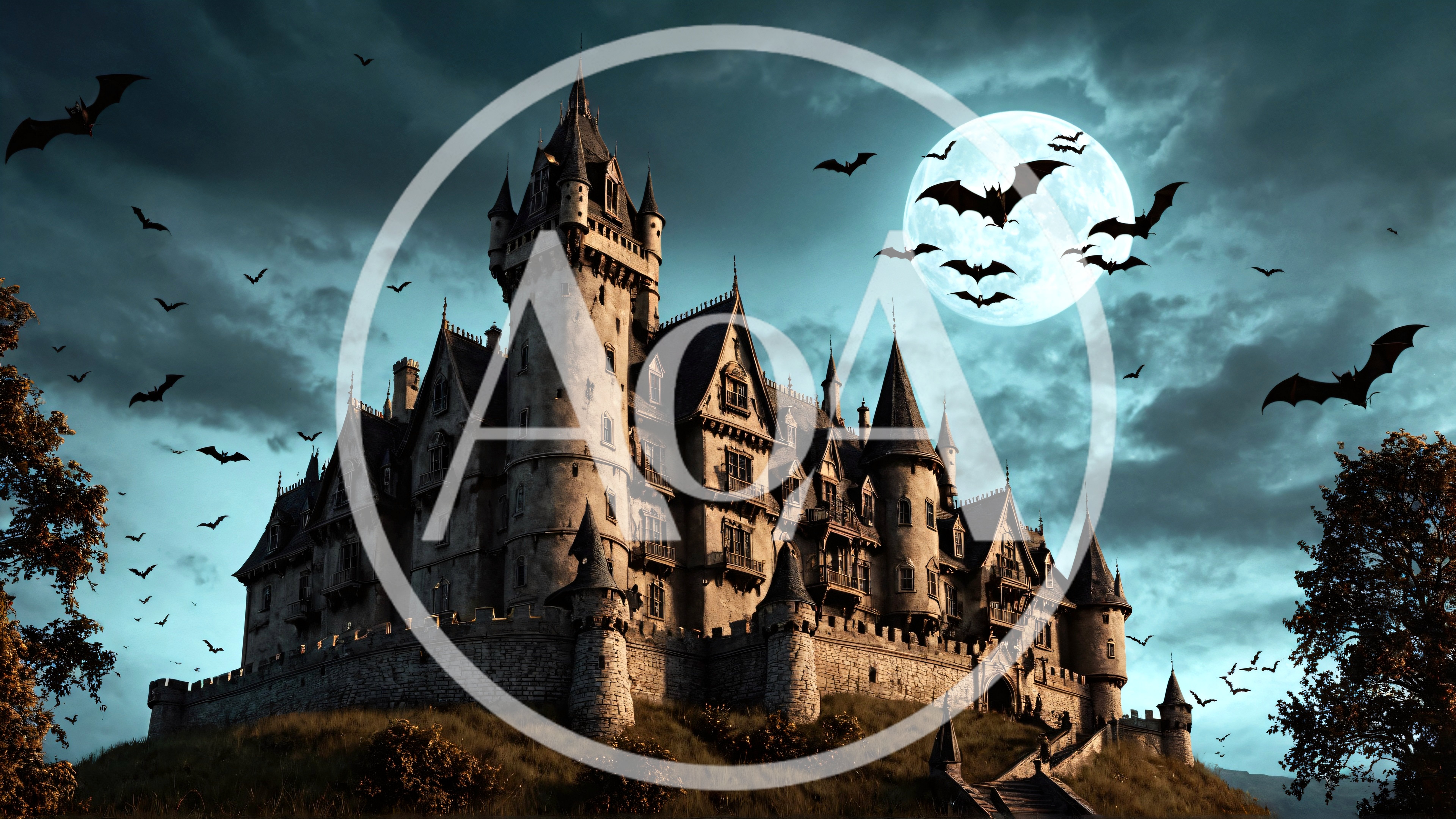 Gothic Castle Under Full Moon With Flying Bats