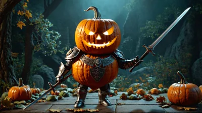 Pumpkin Head Warrior Knight Holding A Sword