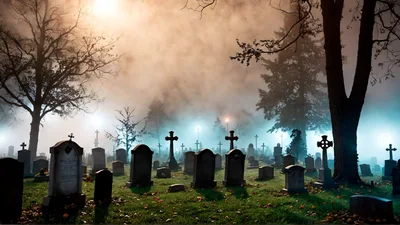 Foggy Cemetery At Night With Glowing Headstones
