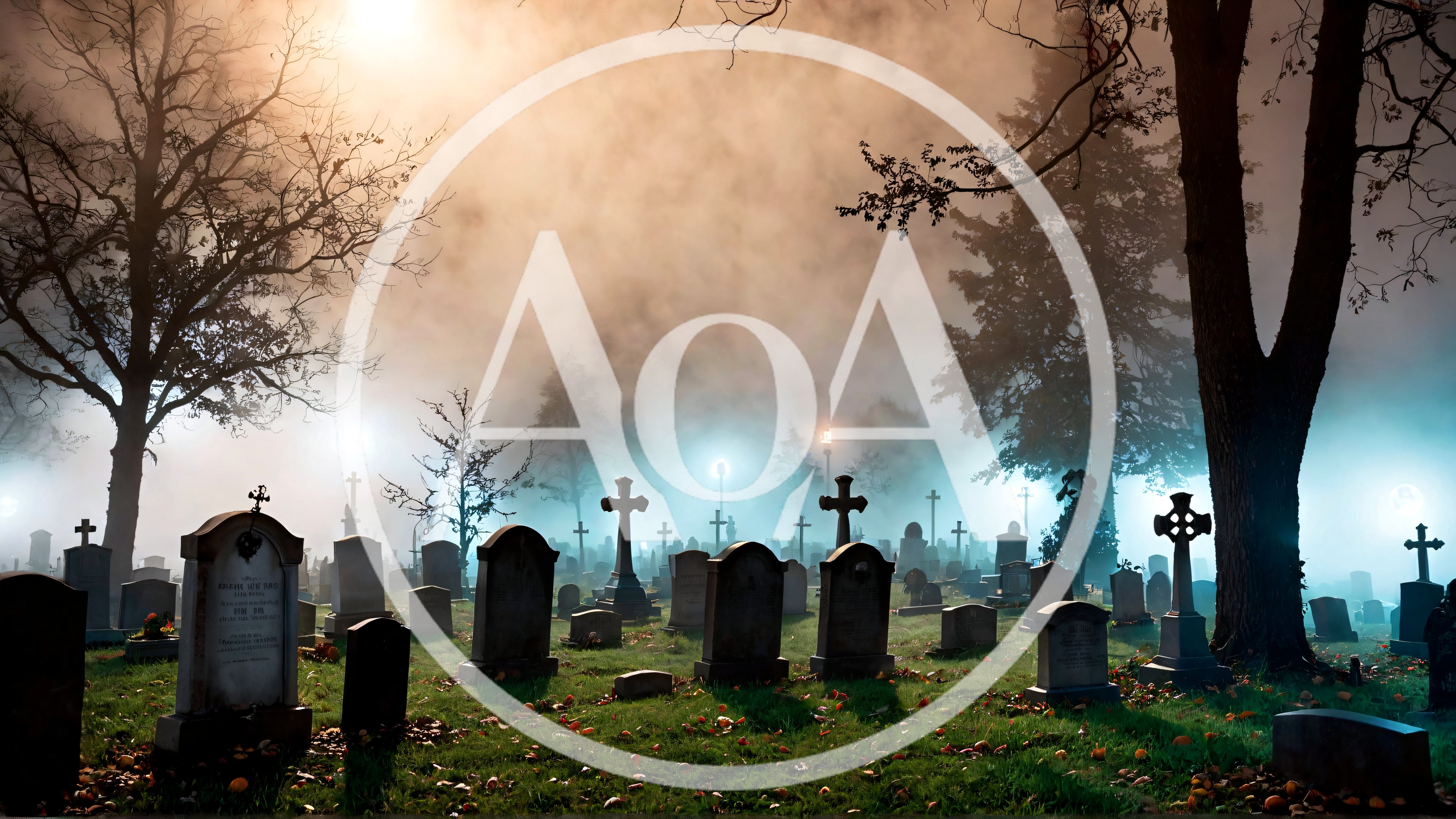 Foggy Cemetery At Night With Glowing Headstones