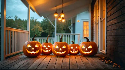 Five Glowing Jack O Lanterns On A Porch