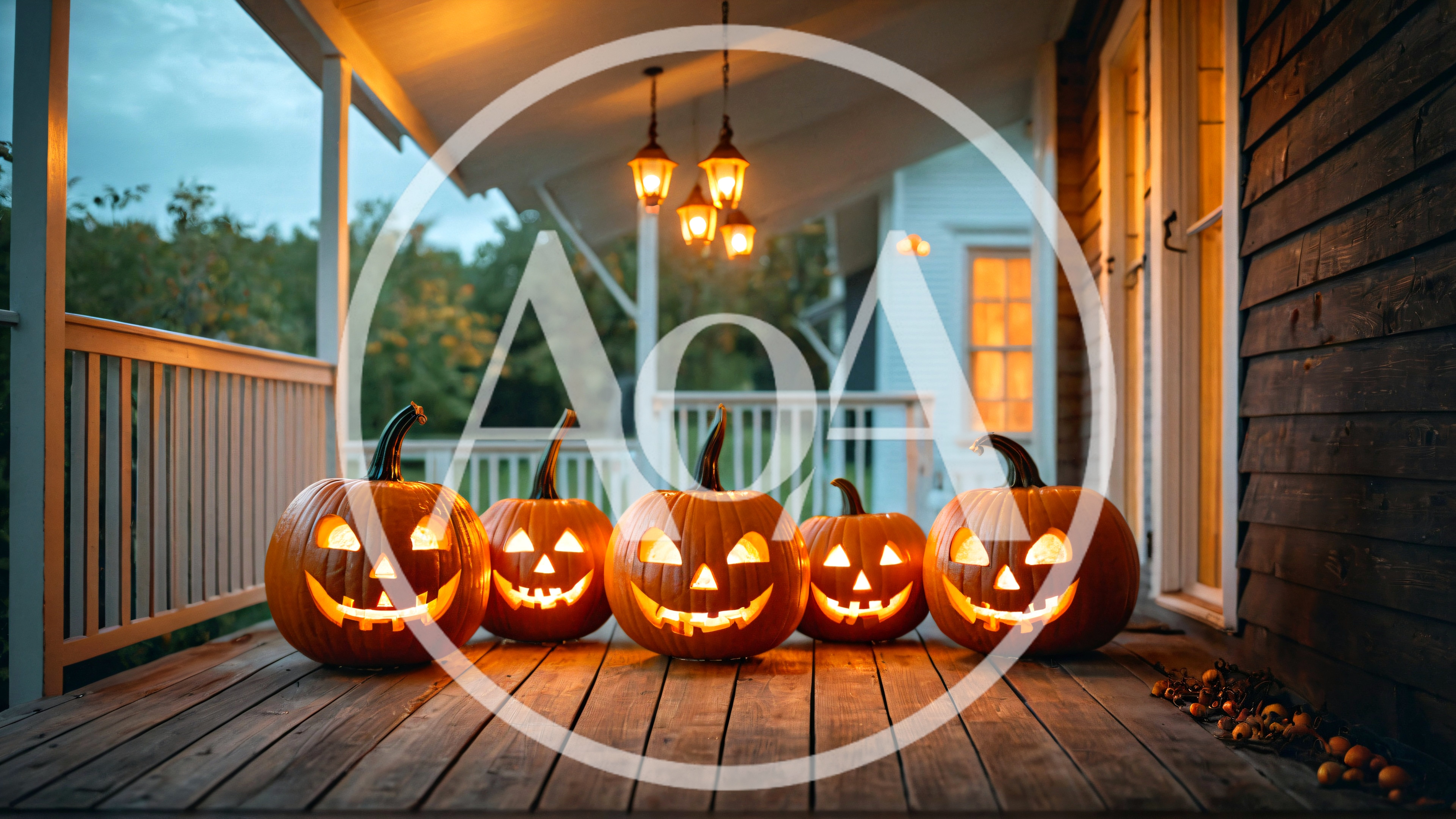 Five Glowing Jack O Lanterns On A Porch