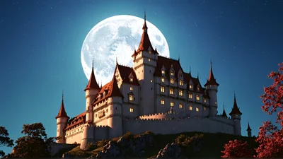 Fairytale Castle Under A Full Moon At Night