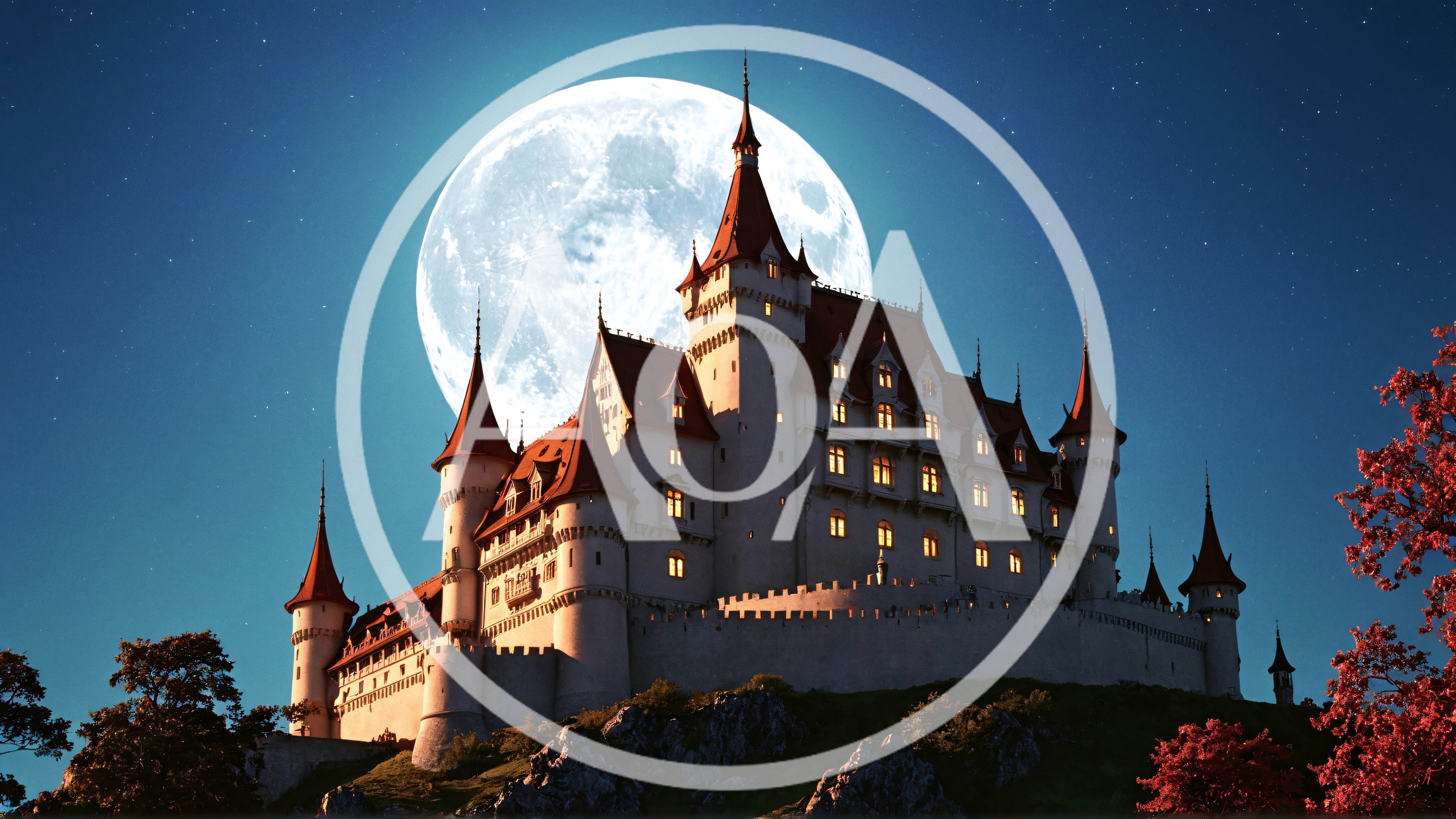 Fairytale Castle Under A Full Moon At Night