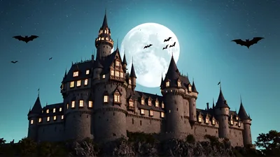 Gothic Castle Under Full Moon With Flying Bats