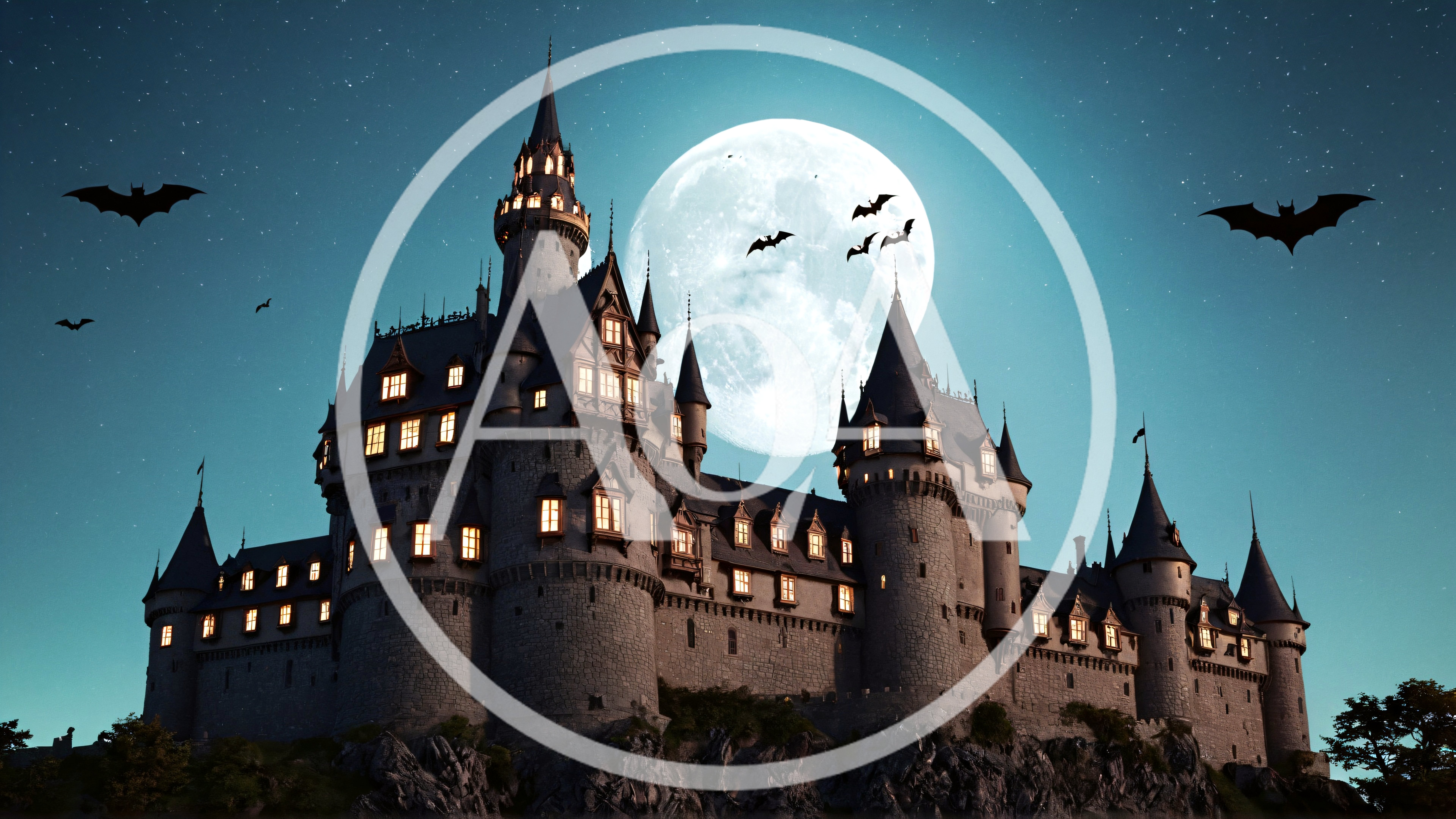 Gothic Castle Under Full Moon With Flying Bats