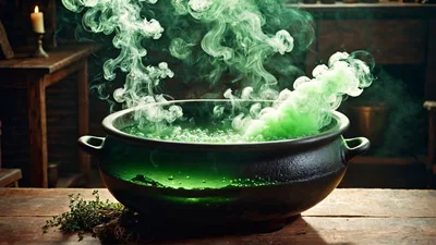 Green Magic Potion Boiling In A Cast Iron Cauldron
