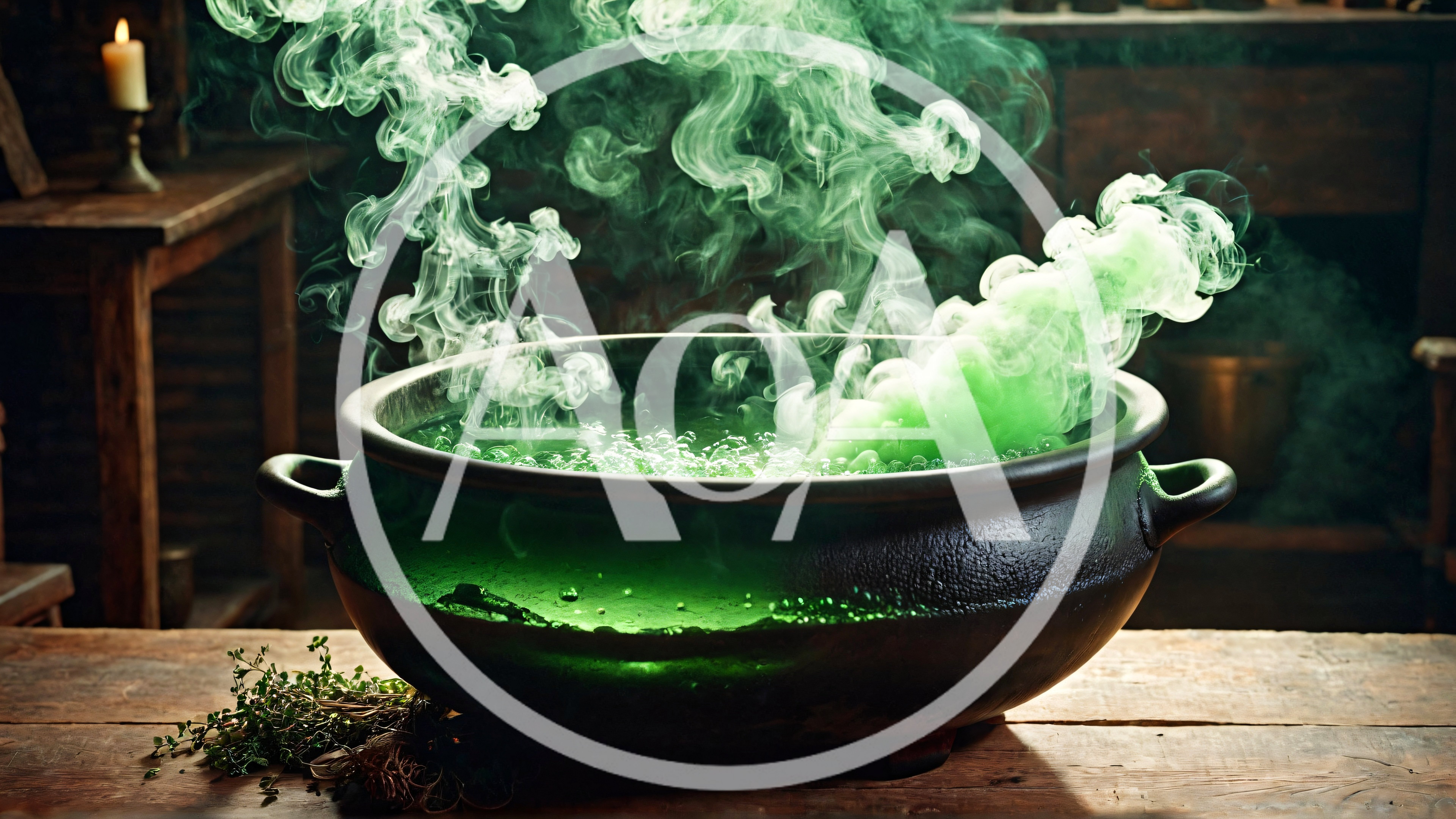 Green Magic Potion Boiling In A Cast Iron Cauldron