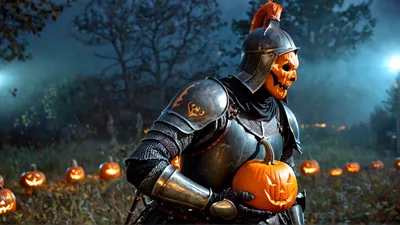 Knight With Pumpkin Head In A Spooky Forest