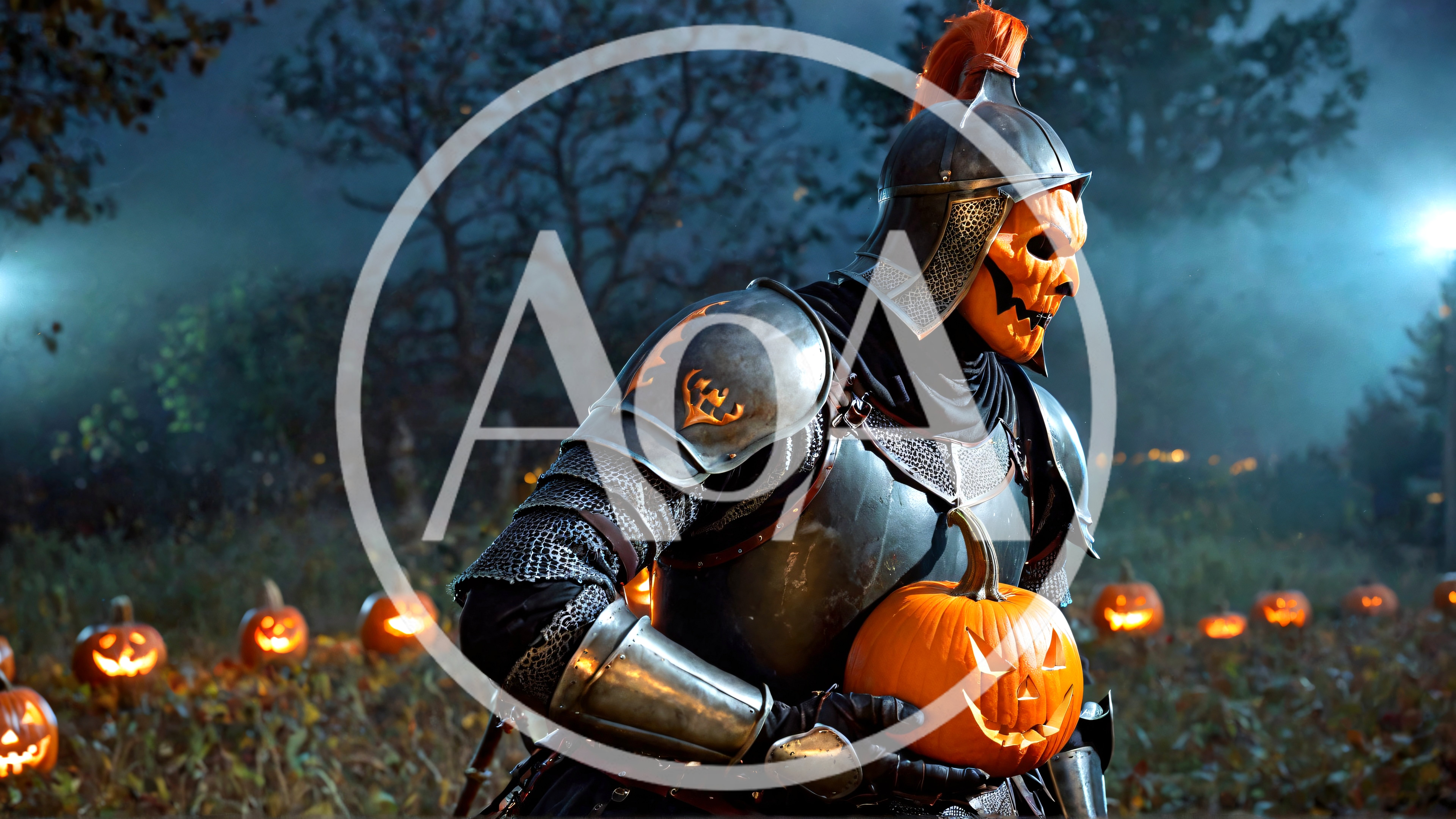 Knight With Pumpkin Head In A Spooky Forest