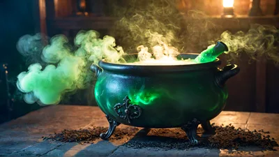 Green Magic Potion Bubbling In A Cast Iron Cauldron