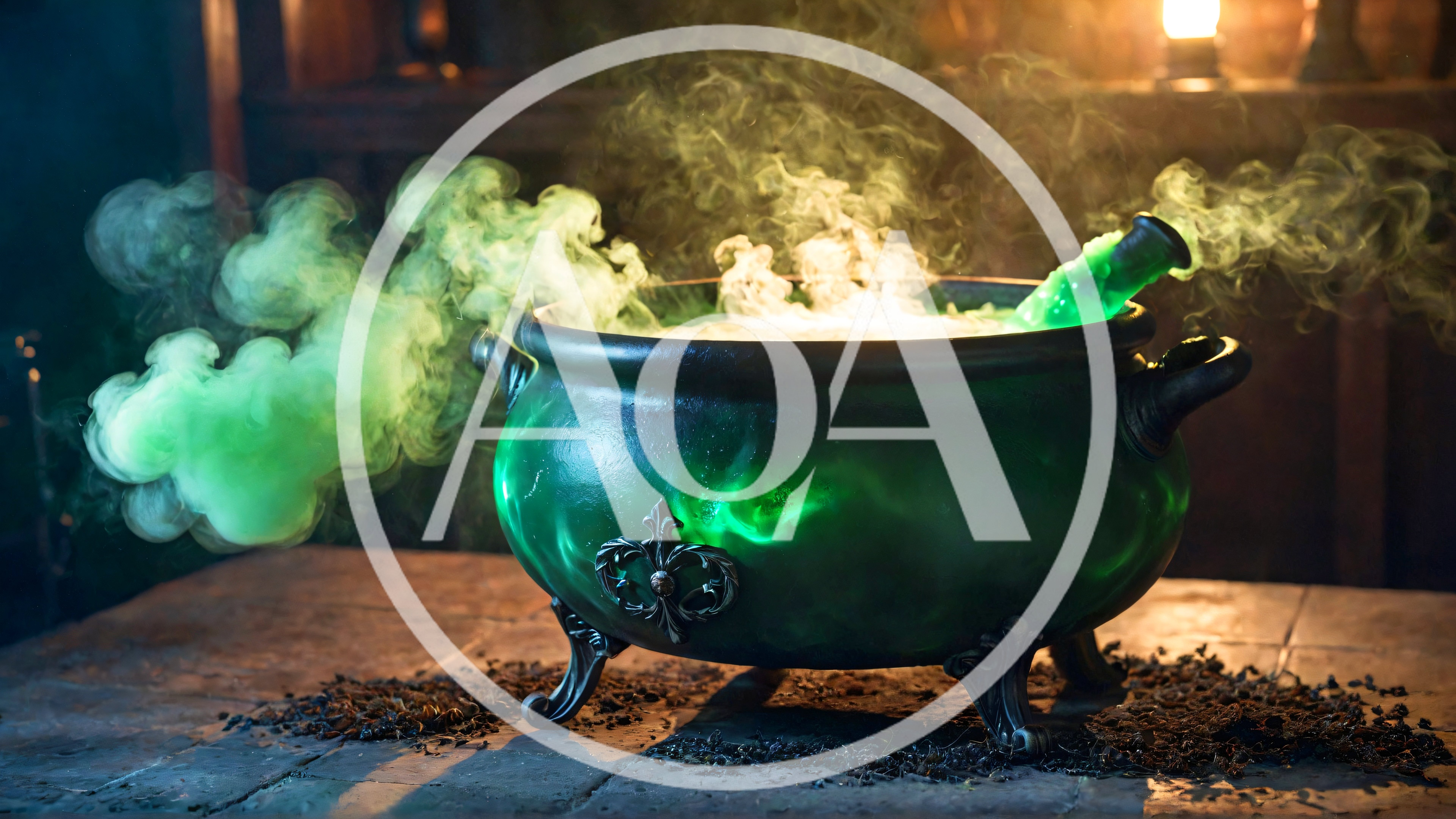 Green Magic Potion Bubbling In A Cast Iron Cauldron