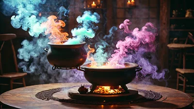 Two Magical Cauldrons Brewing Colorful Potions