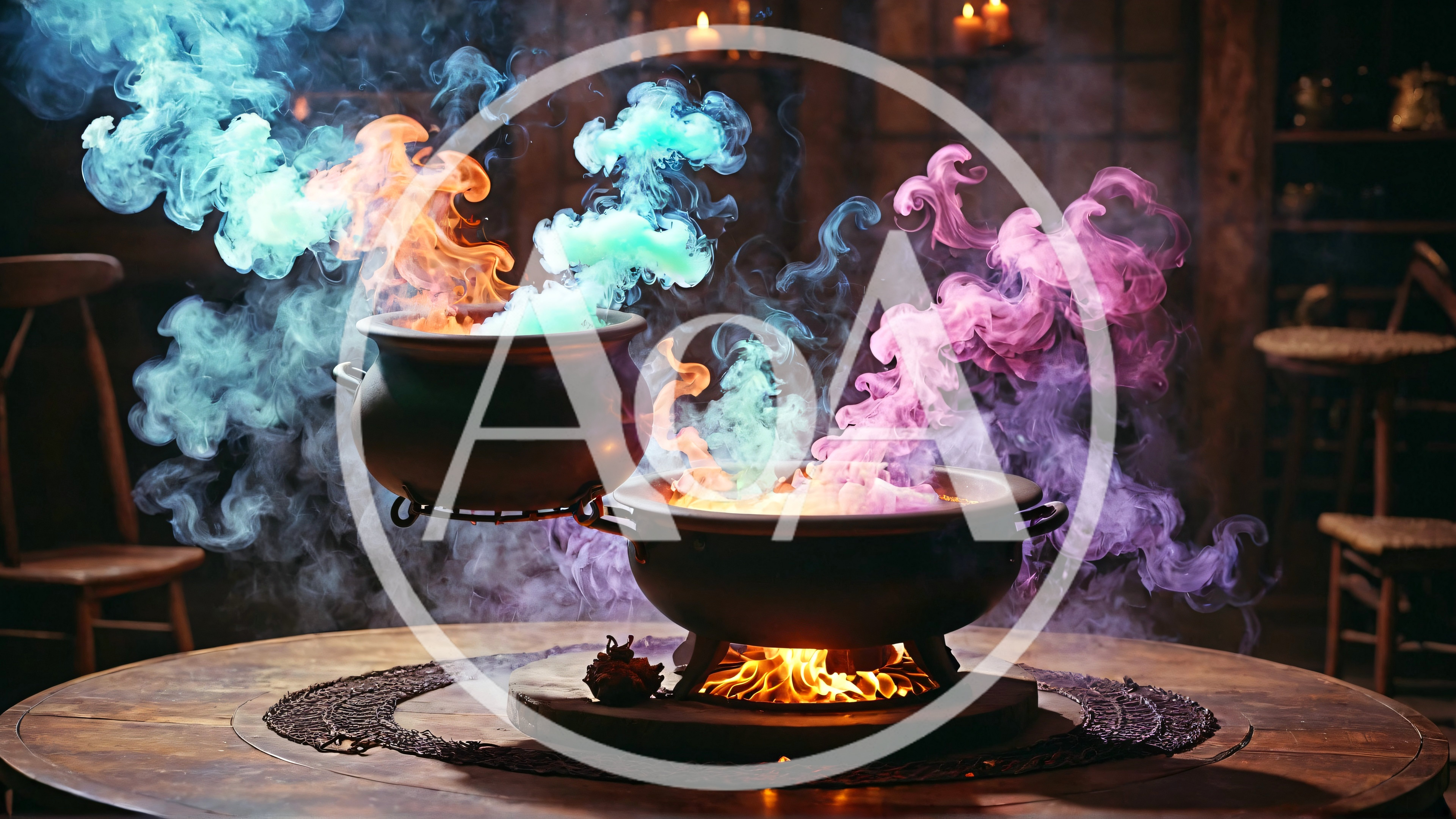 Two Magical Cauldrons Brewing Colorful Potions