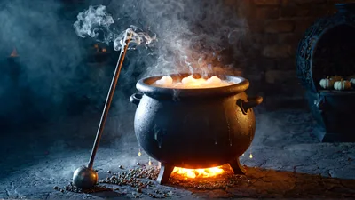 Witch Cauldron Bubbling Over A Fire