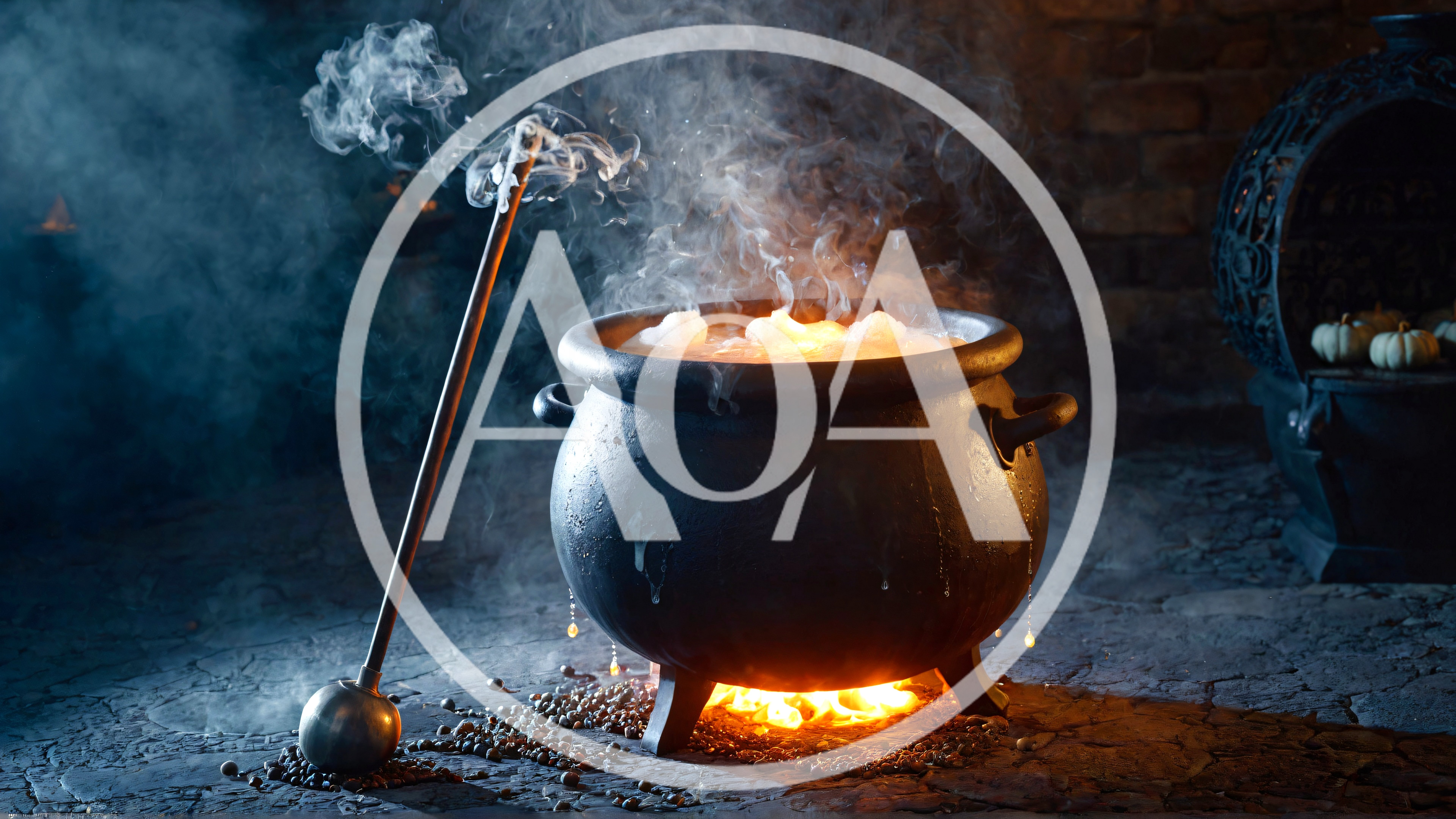 Witch Cauldron Bubbling Over A Fire