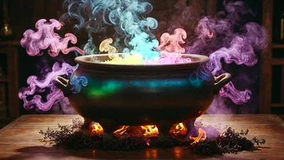 Magical Cauldron With Colorful Smoke And Fire