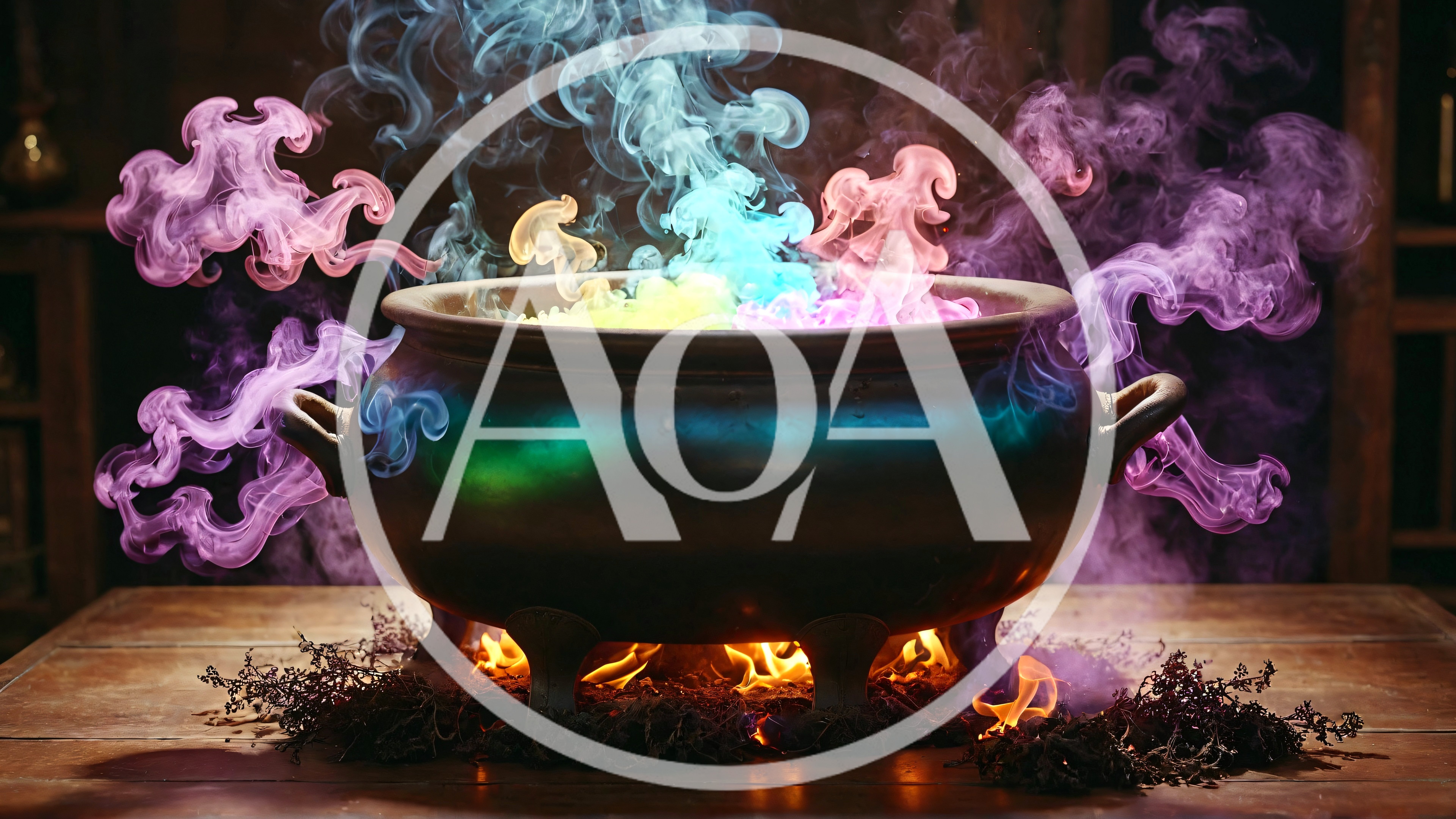 Magical Cauldron With Colorful Smoke And Fire