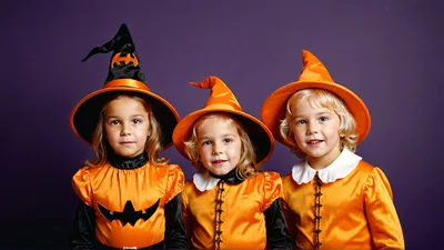 Three Young Girls Dressed In Halloween Witch Costumes