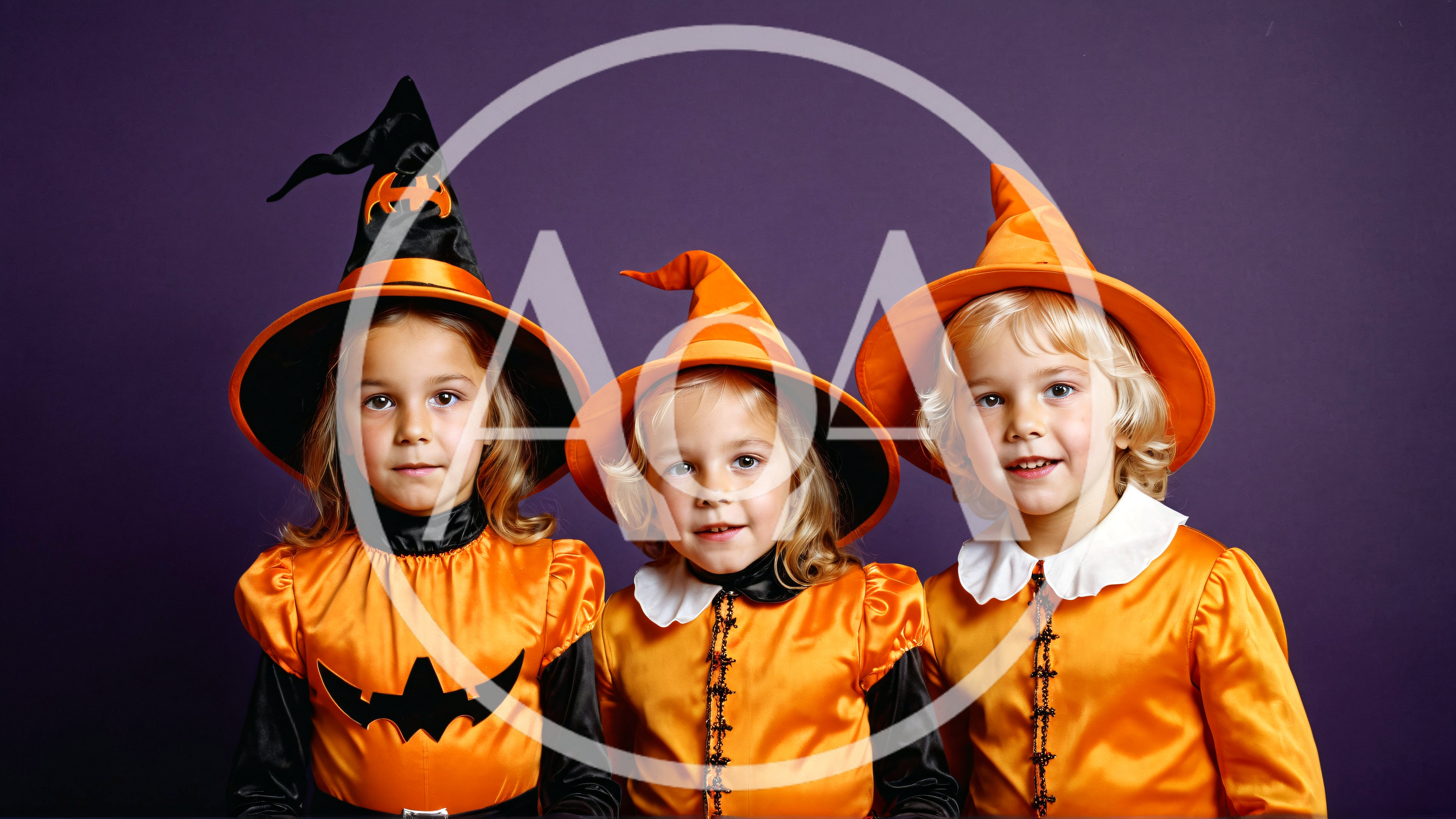Three Young Girls Dressed In Halloween Witch Costumes