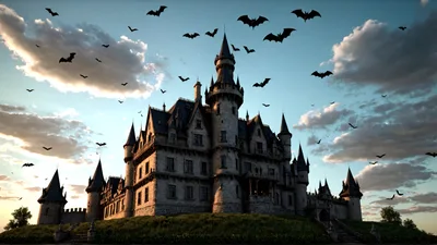 Gothic Castle With Swarm Of Bats At Sunset