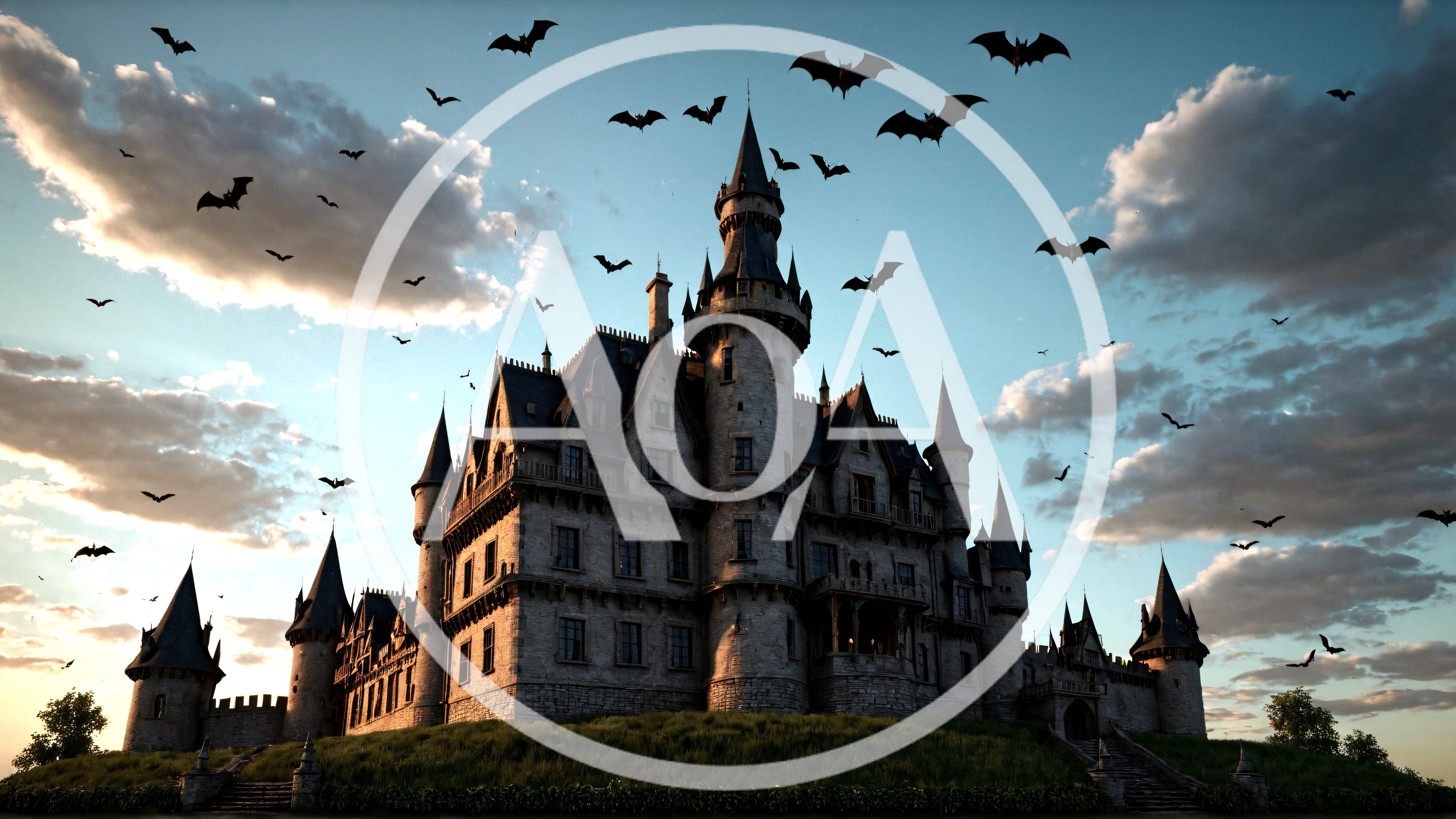 Gothic Castle With Swarm Of Bats At Sunset