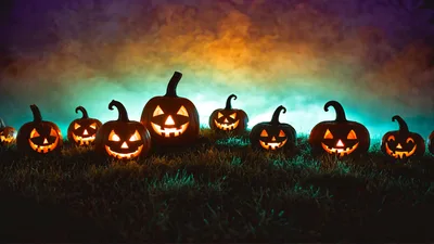 Glowing Jack O Lanterns In A Misty Field