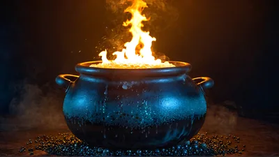Black Cauldron With Glowing Fire And Smoke