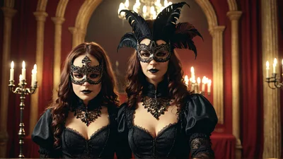 Two Women In Masquerade Masks And Victorian Dresses