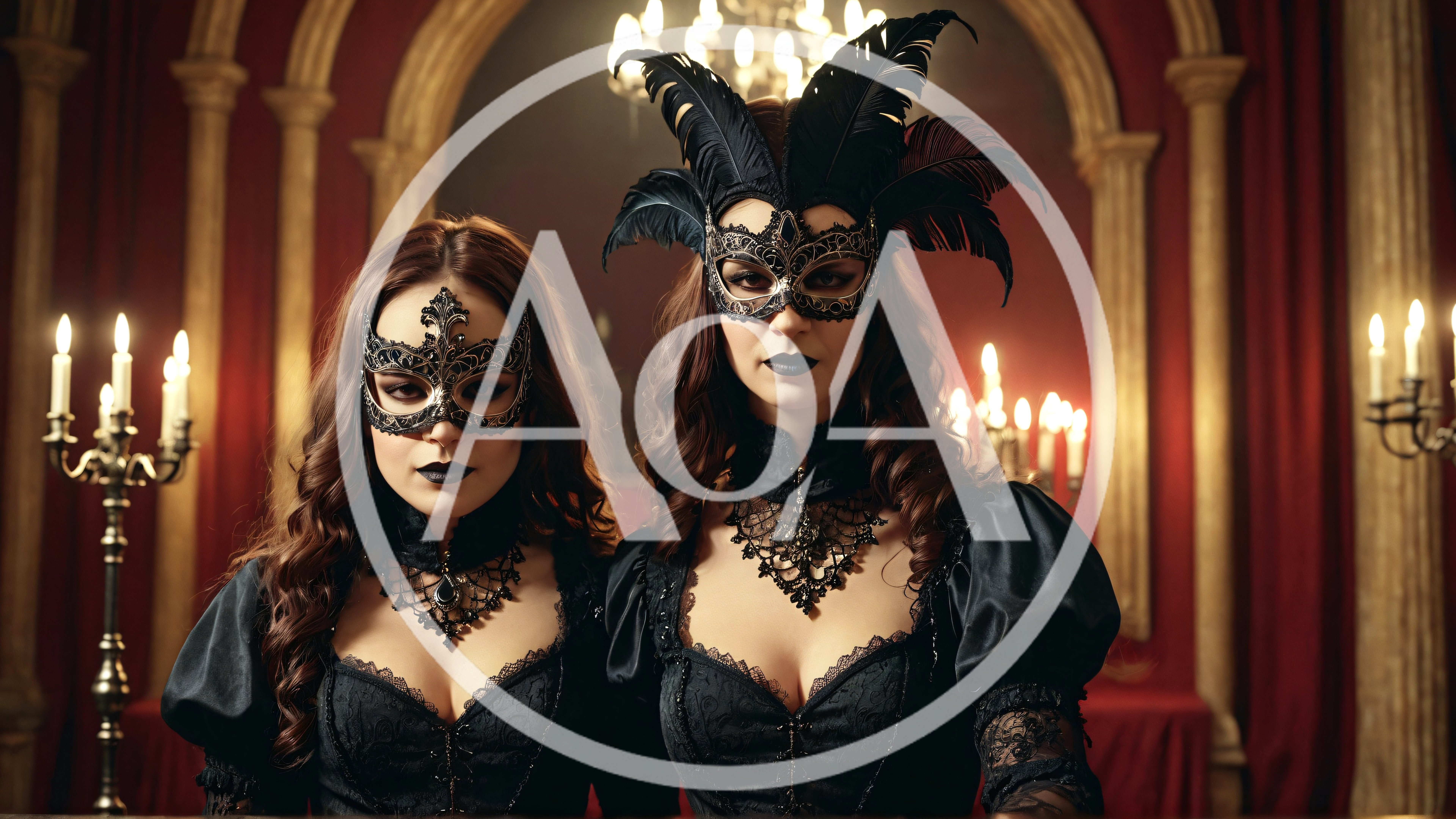 Two Women In Masquerade Masks And Victorian Dresses
