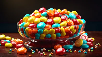 Glass Bowl Filled With Colorful Swirled Candies