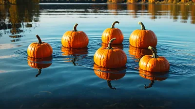 Six Orange Pumpkins Floating On Calm Lake Water