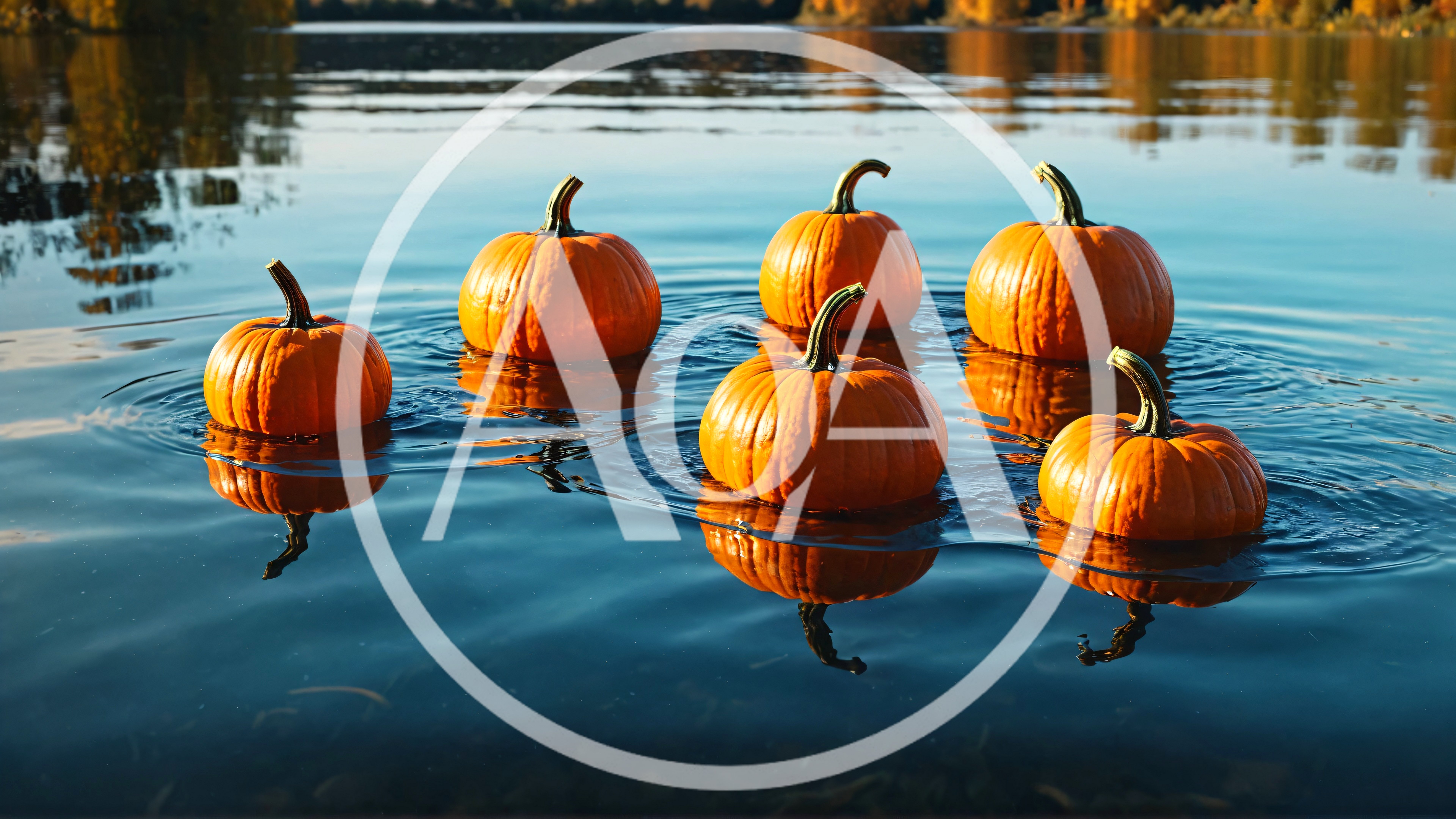 Six Orange Pumpkins Floating On Calm Lake Water