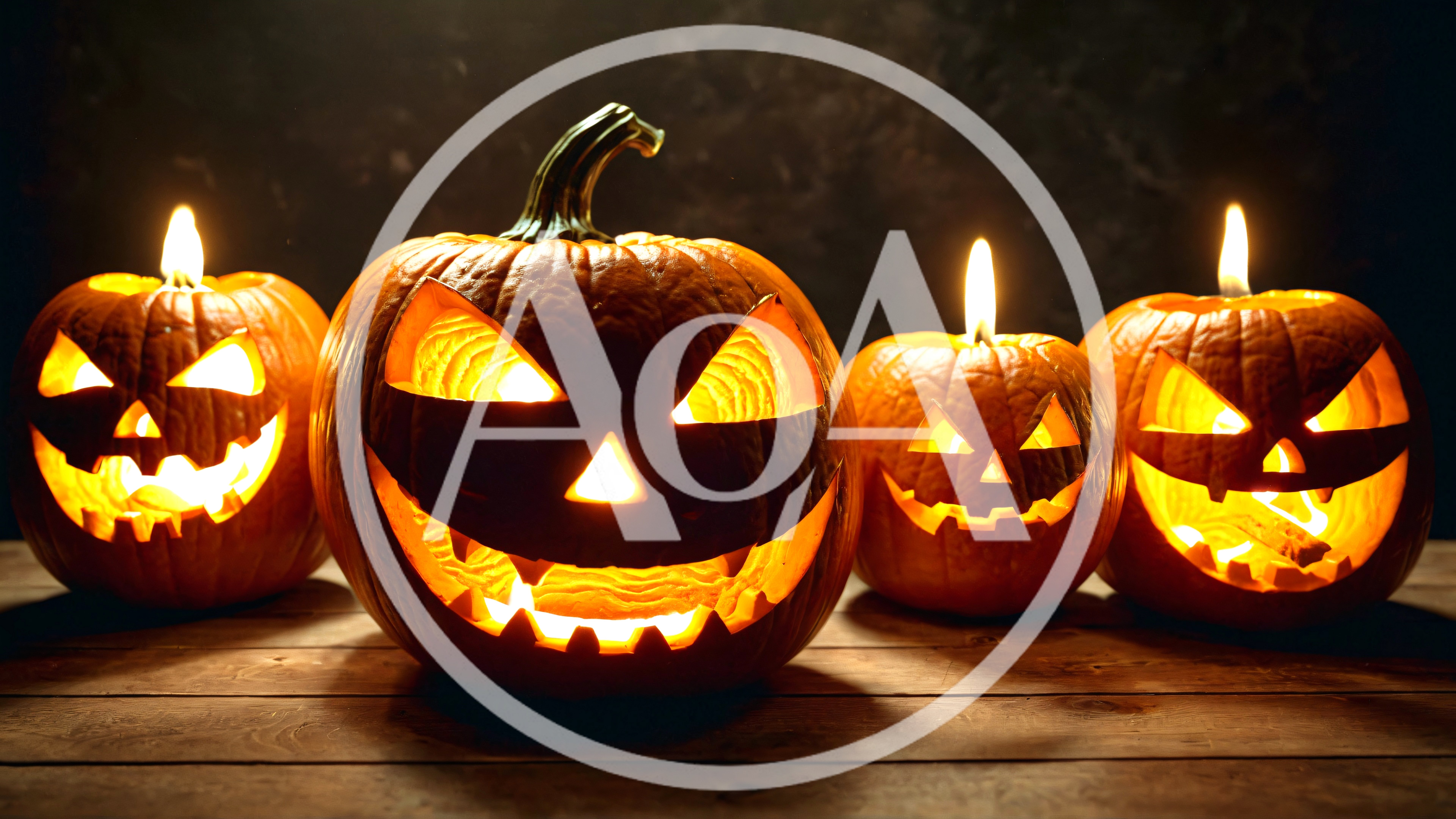 Four Glowing Jack O Lanterns On Wooden Table