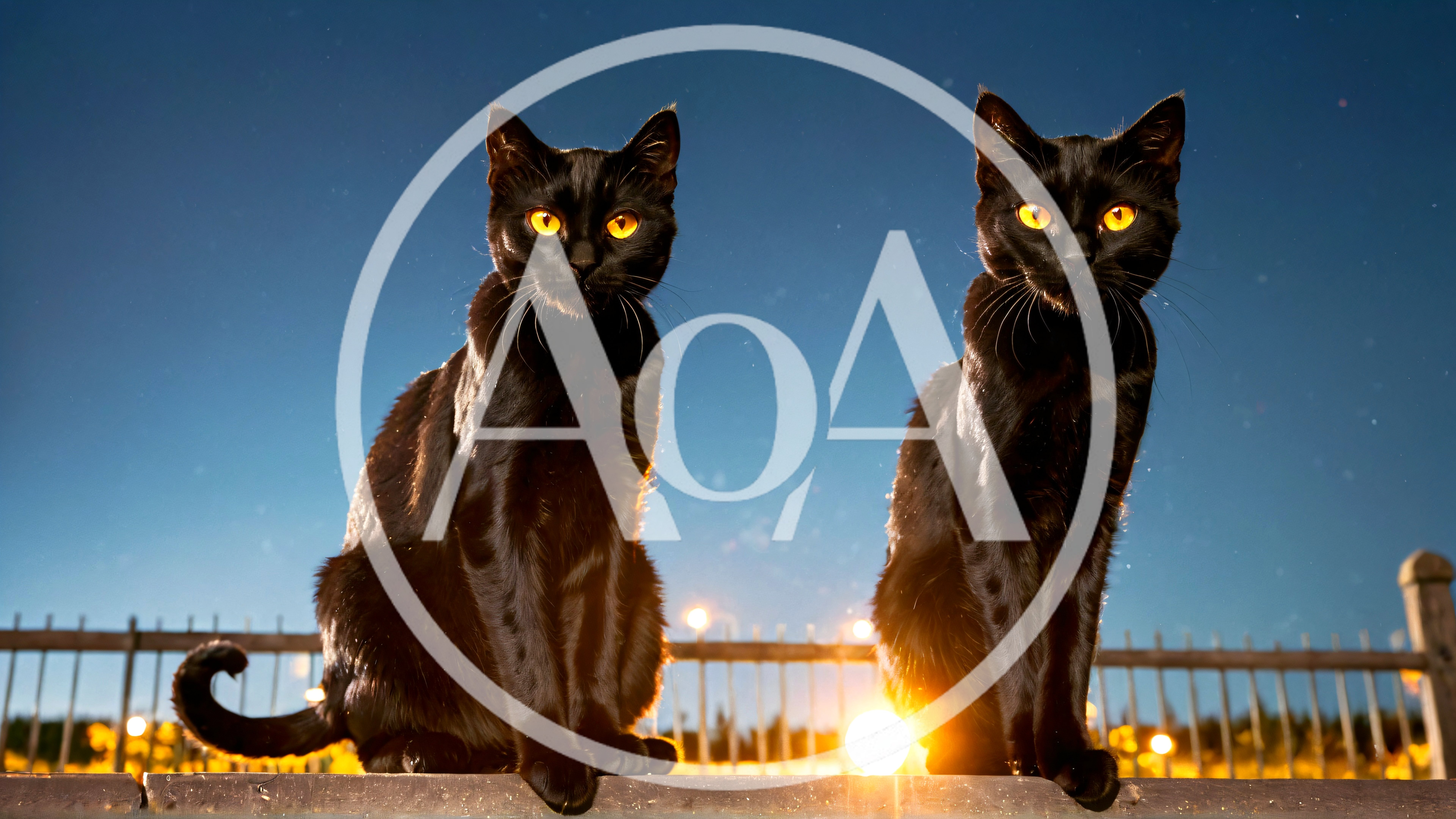 Two Black Cats Sitting On A Fence At Night