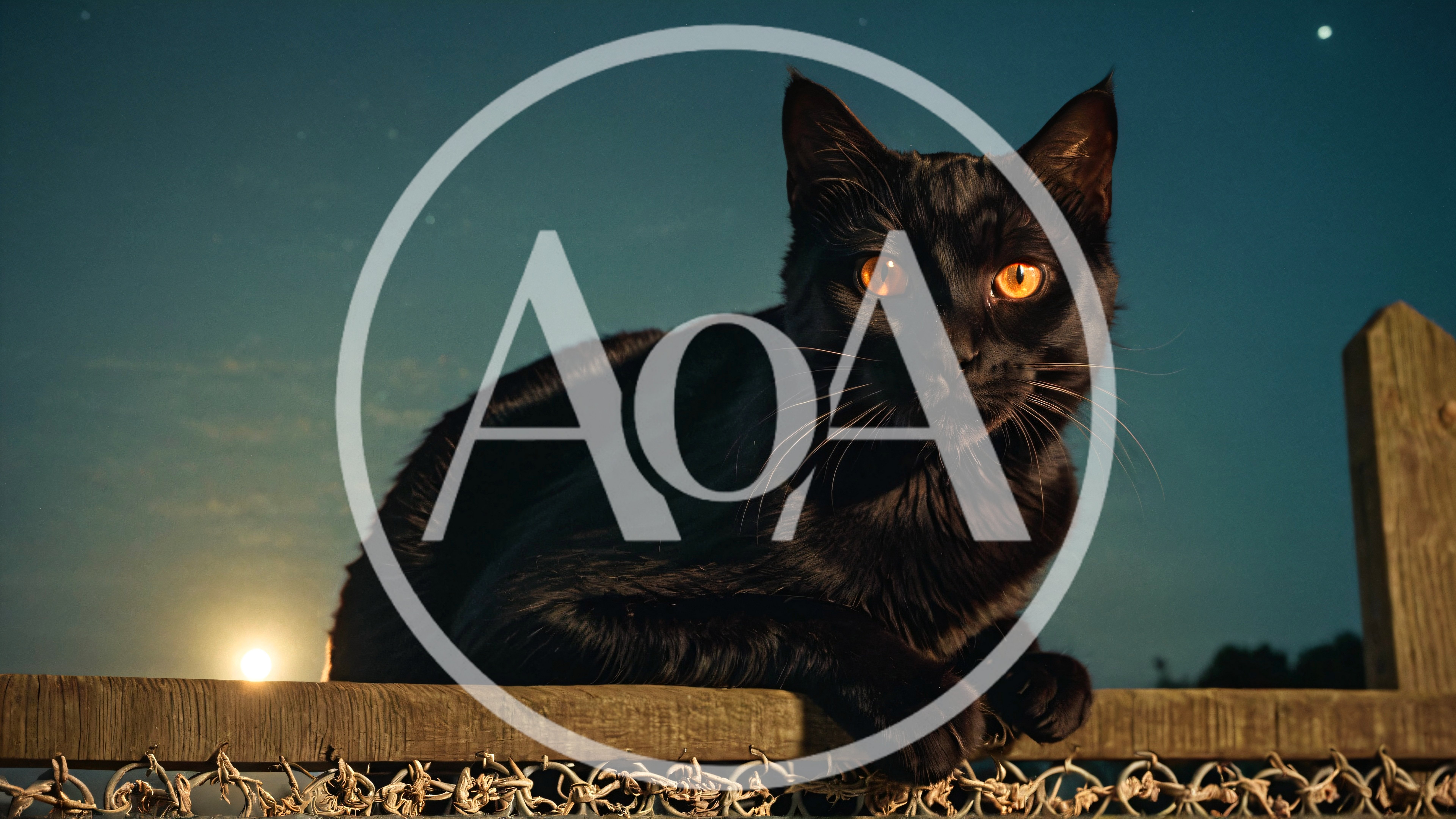 Black Cat Sitting On A Wooden Fence At Night