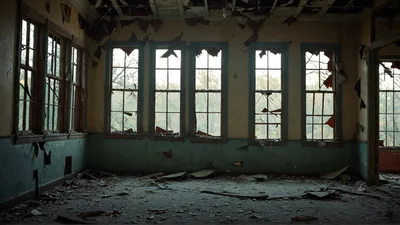 Abandoned Classroom With Broken Windows And Debris