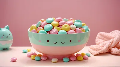 Cute Pastel Bowl Filled With Colorful Candy