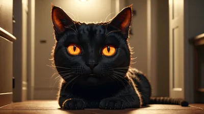 Black Cat With Glowing Orange Eyes Sitting In Hallway