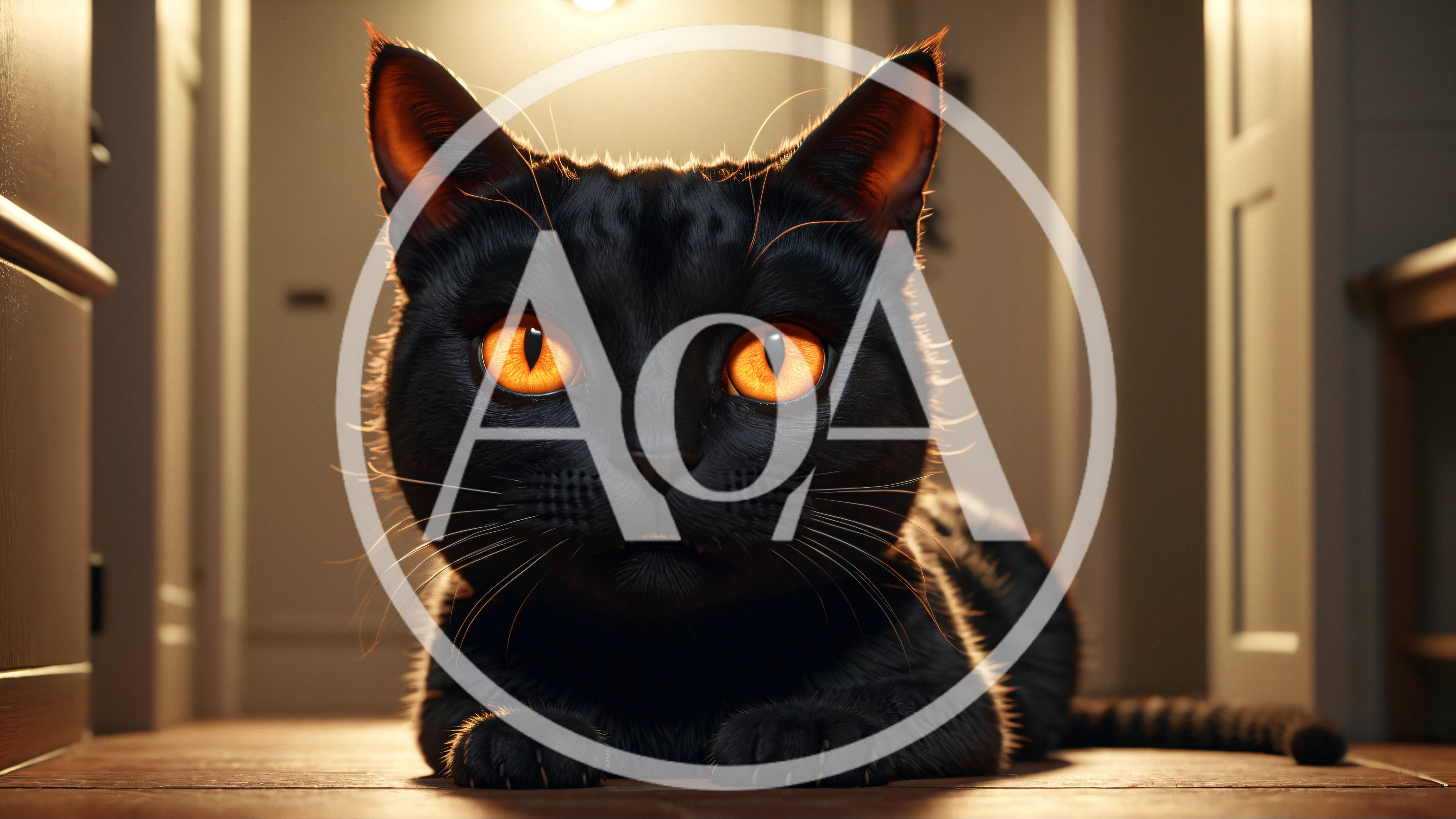 Black Cat With Glowing Orange Eyes Sitting In Hallway