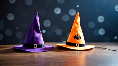 Purple and Orange Witch Hats on Wooden Table