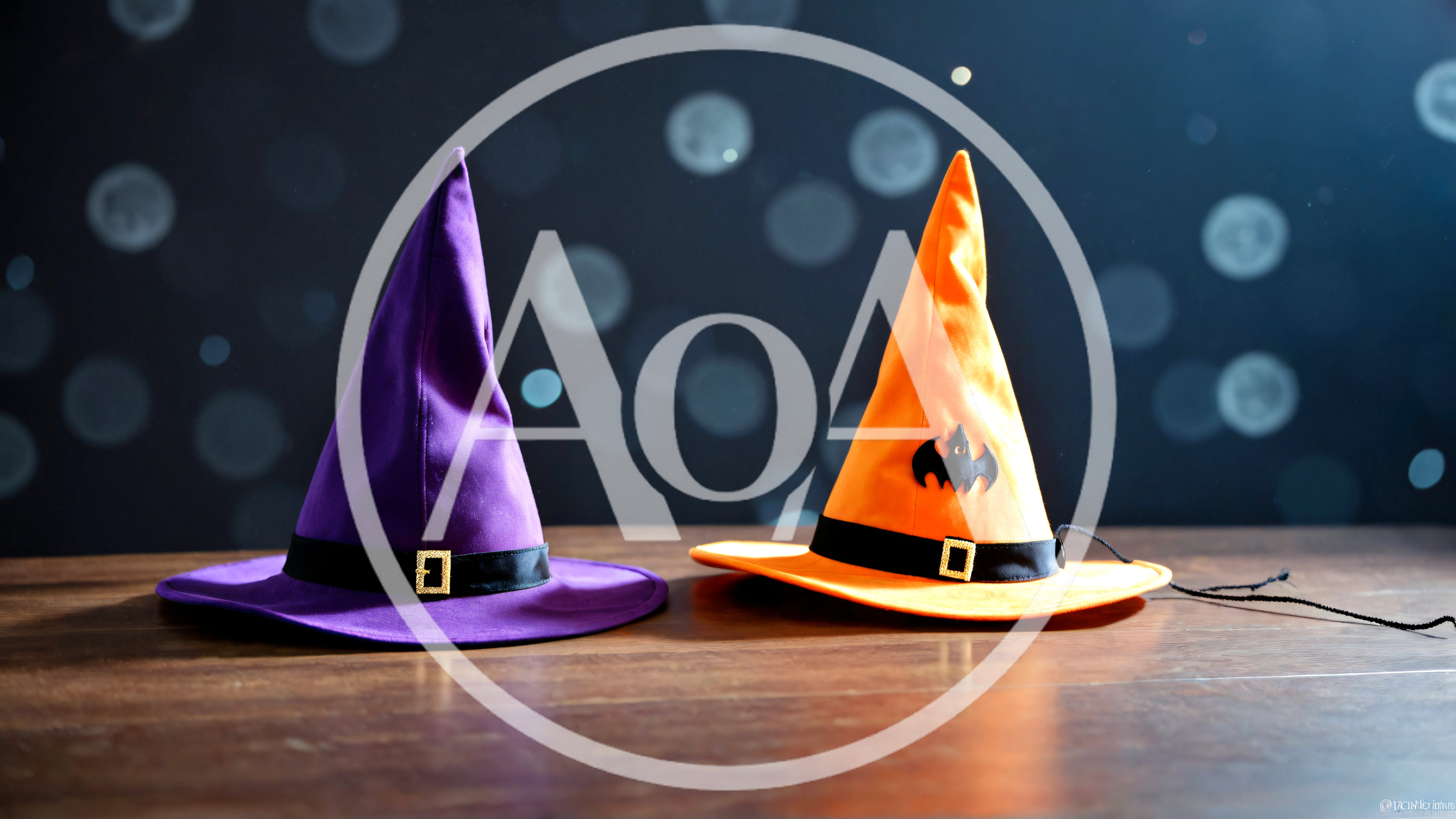 Purple and Orange Witch Hats on Wooden Table