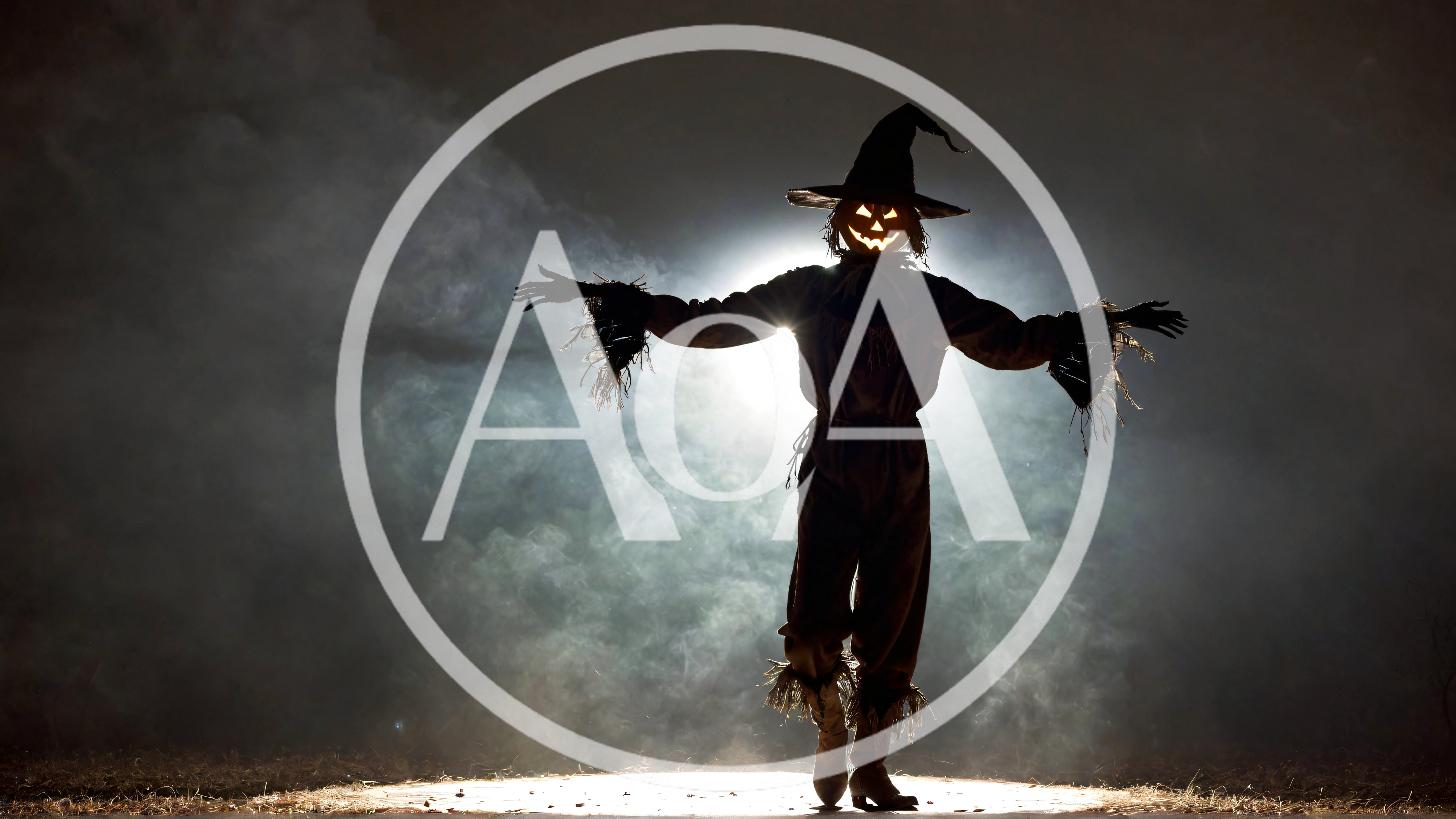 Scarecrow With Glowing Pumpkin Head In Foggy Night