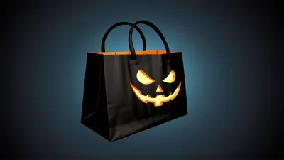 Black Halloween Shopping Bag With Glowing Jack O Lantern Face