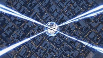 Digital Earth Globe With Light Beams Over City Grid
