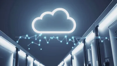 Digital Cloud Icon Floating Above Server Rack Data Center