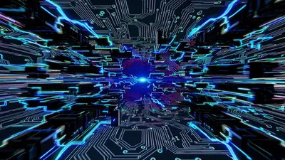 Digital Circuit Board Tunnel Flying Through Data Network