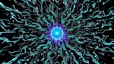Digital Circuit Board With Glowing Central Data Core